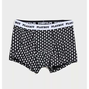 PLAYBOY BOXER BRIEF ALL OVER LOGO BUNNY BLACK WHITE NEW MENS LARGE